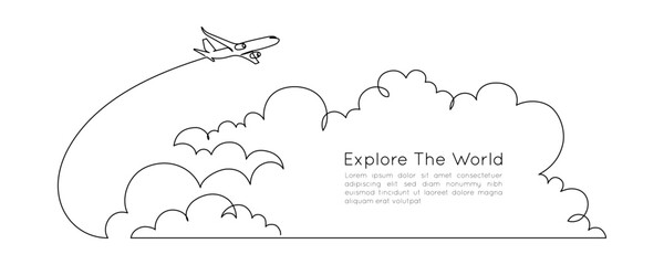 Wall Mural - Airplane path in clouds in the sky in One Continuous line drawing. Business Concept of world travel and international flight airline in simple linear style. Editable stroke. Vector illustration