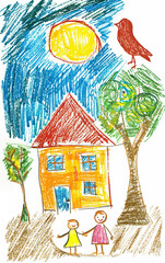 Wall Mural - Naive children's drawing with colored chalk on white paper