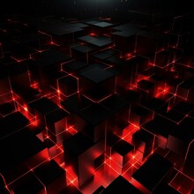 Red Squares On A Black Background, In The Style Of Radiant Neon Patterns, Geometric Shapes Patterns, Dynamic Designs