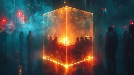 Wall Mural - A mirrored cube floating in a dark void reflecting the same group of friends gathered around a table sharing a meal and conversation. The reflections overlap and merge creating