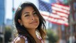 © Vagner Castro - Latin woman looking at the horizon with the US flag in the background in the city. Happy latin woman contemplating the landscape full of hope for the future.