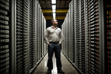 Poster - Serious mature man in datacenter server room