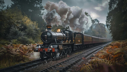 black and gold steam train on the tracks,generative ai