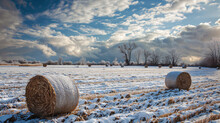 Straw Bales On Farmland In Winter With Blue Cloud