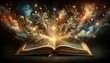 elaborately detailed open ancient book on a dark backdrop, with glowing golden sparkles and flowing mystical clouds emerging from the pages.