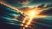 Surfer Gracefully Navigating A Wave, With A Brilliant Sunset In The Background. The Water Glimmers With Reflections