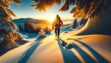 Hiker In Vibrant Outdoor Gear Treks Through Pristine Snow At Sunrise. Their Figure Is Etched Against The Morning Sky As The Sun Crests The Horizon