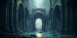 Misty mountain cave chamber with mysterious underground entrance, large pillars and archway gate carved stone ruins, perilous labyrinth of tunnels, dimly lit ancient role playing fantasy underworld.