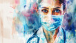 Portrait of female doctor. Colorful watercolor painting illustration.