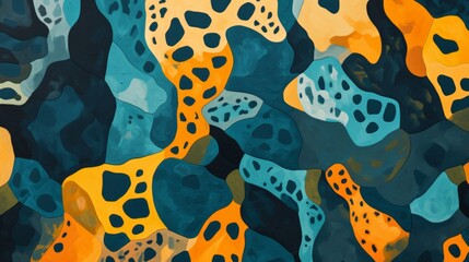 Poster - colorful pattern with the camouflage elements, in the style of organic forms blending with geometric shapes, carpetpunk, dotted, dark teal and light orange