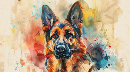 Wall Mural - Portrait of german shepherd dog. Colorful watercolor painting illustration.