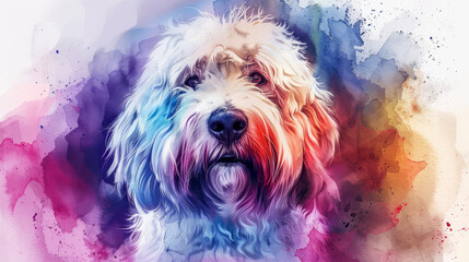 Poster - Portrait of Old English Sheepdog dog. Colorful watercolor painting illustration.