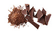 Pile chopped, milled chocolate shavings isolated on transparent, top view