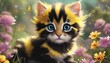  the stripes and buzz of a bumblebee with the playful antics of a kitten, resulting in a tiny feline with fuzzy stripes and a penchant for chasing after flowers and bumbling around.