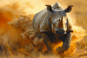 Majestic rhino galloping across the vast African plains, stirring up clouds of dust in its wake-1