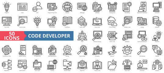 Program icon collection set. Containing code, user, programming, website, webpage, software, testing icon. Simple line vector.