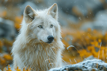 Amidst the rugged terrain of a mountainous landscape, a wolf's head emerges, its pristine white fur contrasting against the rocky backdrop, its eyes a vivid shade of cerulean-2