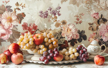 Autumnal Elegance: Timeless Still Life With Heirloom Apples And Clustered Grapes On A Lace Draped Table