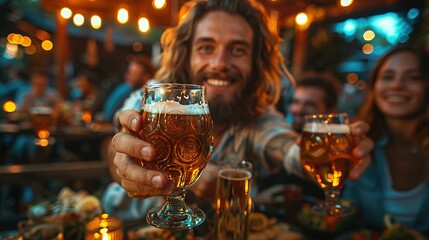 Group of multi ethnic friends having backyard dinner party together - Diverse young people sitting at bar table toasting beer glasses in brewery pub garden