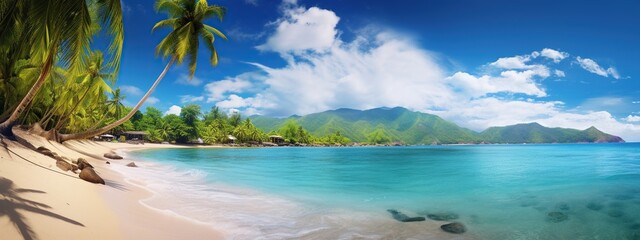 Wall Mural - Beautiful tropical beach paradise with palm trees and blue sky and clouds panorama.