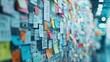 Unfocused background of a wall decorated with a collage of notes doodles and diagrams showcasing the ingenuity and collaborative nature of idea generation in a startup environment. .