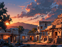 Painting Rendering Of Desert Homes Pueblo Style Buildings In Bright Early Evening, Late Afternoon. House Lights Are On, Sun Is Setting Behind Desert Mountains