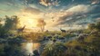 Capture a whimsical wildlife scene with a panoramic view using photorealistic digital rendering techniques Incorporate futuristic technologies like holographic animals and unexpected camera angles to