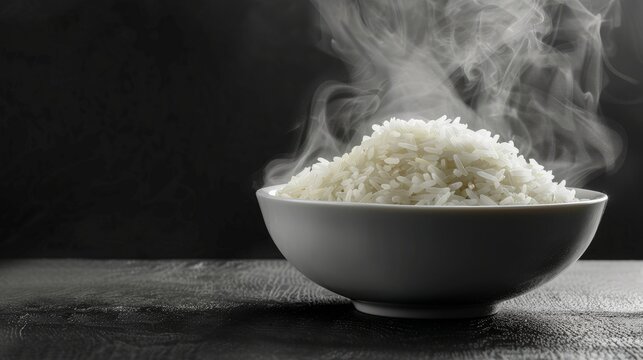 jasmine rice in a bowl. Selective focus steaming hot cooked rice in white bowl on black background.