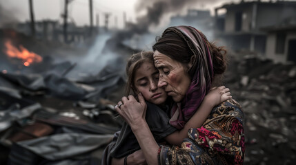 Wall Mural - A homeless woman is on the street, her child beside her. Victims of war, the devastating impact of war on innocent lives. Generative AI.