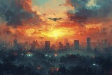 Fototapeta  - Witness the graceful dance of logistics drones against a twilight backdrop, resembling a mesmerizing watercolor painting.