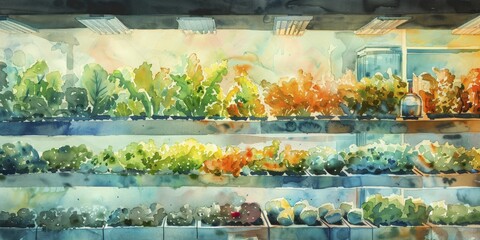 Sticker - A vibrant watercolor depicts a vertical farm flourishing under LED lights, showcasing intricate technology layers from a side perspective.