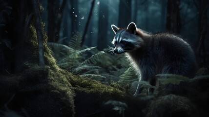 Wall Mural - Raccoon in the dark forest. 3D Rendering.