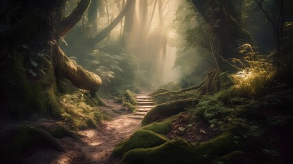 Wall Mural - Wooden path in the forest with moss and fog in the morning