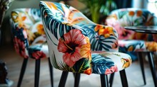 The dining chairs upholstered in soft velvet fabric are adorned with bold and colorful tropical prints. The combination of the plush velvet and lively prints creates a comfortable .