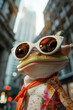 A frog wearing sunglasses and a floral shirt is standing in front of a building