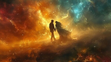 Amidst the chaos and beauty of the cosmos a dance unfolds between the male and female forces of the universe. Their dance represents the delicate balance between the static