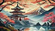 Beautiful Japanese traditional abstract art illustration with an antique temple