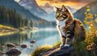 Gato domestico en la naturaleza, paseando un gato al lado del río, precioso gato mirando el horizonte en la naturaleza