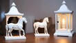 Interior decoration toys. White decorative wooden latern lights and ceramic horses in expensive interior.