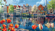 Vibrant Dutch Houses and Tulips Along Tranquil Canal Blending Old With the New
