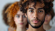 A Young Man with Curly Hair and Diverse Female Friends A Studio Portrait Emphasizing Character Design and Emotional Connection