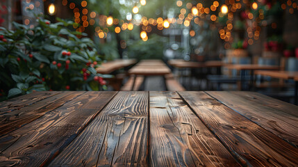 Dark Wooden Table in Outdoor Cafe with Bokeh Lights A Canvas for Limitless Creativity and Product Display