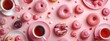 food and coffee, featuring pink donuts, macarons, colorful candies, coffee cups, tea glass