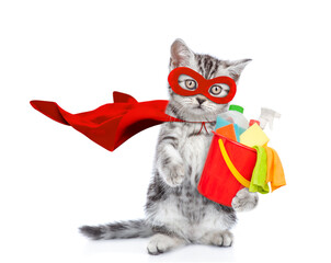 Poster - Funny tabby kitten wearing superhero costume holds bucket with washing fluids. Isolated on white background