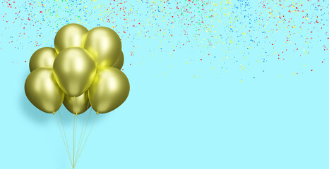 Aufkleber - Bunch of golden or yellow balloons on blue background with confetti. Empty space for text. 3d rendering