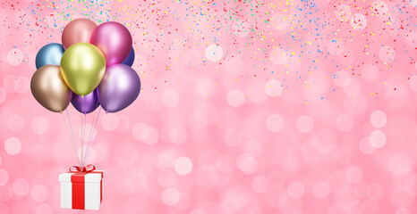 Aufkleber - Flying gift box with multicolored shiny balloons on blurred pink background with confetti. 3d rendering. Empty space for text