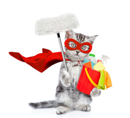 Poster - Funny tabby kitten wearing superhero costume holds swab and bucket with washing fluids. Isolated on white background