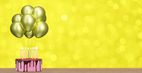 Aufkleber - chocolate birthday cake with many candles and bunch of golden balloons on blurred yellow background. Empty space for text. 3d rendering