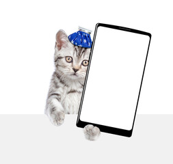 Poster - Sad sick kitten with ice bag or ice pack on his head shows big smartphone with empty screen above empty white banner. Isolated on white background