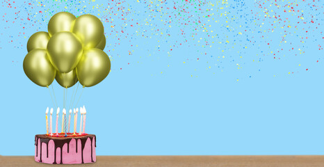 Aufkleber - Birthday cake with bunch of golden balloons on blue background with confetti. Empty space for text. 3d rendering